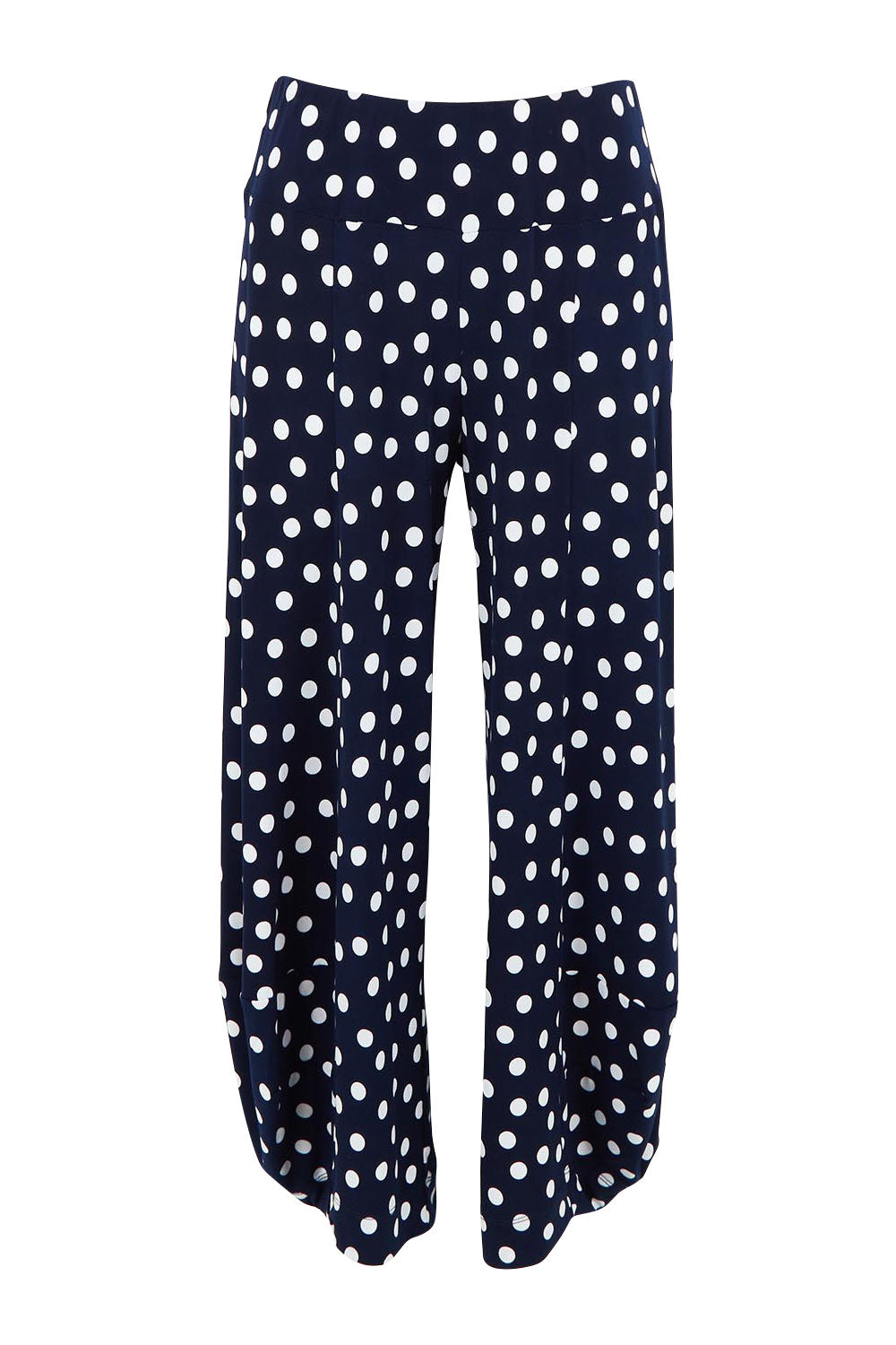 Product shot of the Good Vibes Balloon Hem Pants in colour Navyspot (Blue), from the front