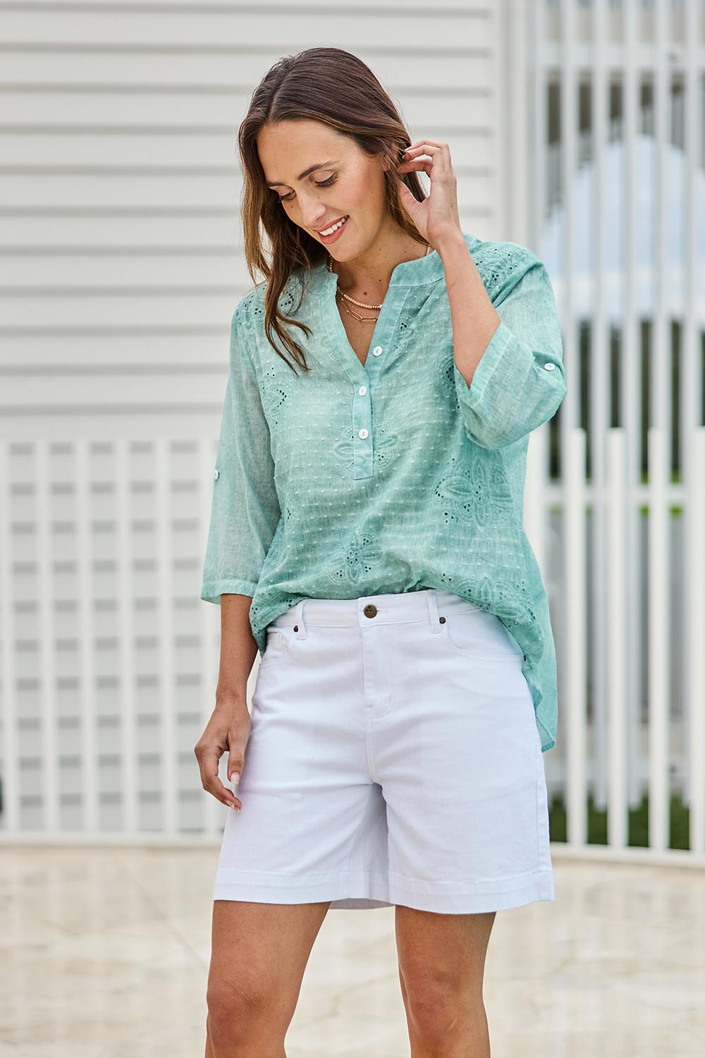 Model Tegand wearing size 10 of the Youre Always There For Me Plain Boyfriend Shorts – White in colour White, in a cropped view