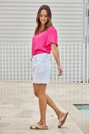 Model Tegand wearing size 10 of the Youre Always There For Me Plain Boyfriend Shorts – White in colour White, from the front