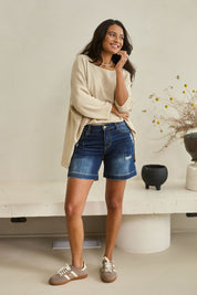Model Tahnee wearing size 10 of the Youre Always There For Me Boyfriend Shorts in colour Darkdenim (Blue), from the front, showing the whole outfit