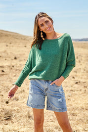 Model Tegan wearing size 10 of the Youre Always There For Me Boyfriend Shorts in colour Denim (Blue), from the front, showing the whole outfit