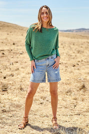 Model Tegan wearing size 10 of the Youre Always There For Me Boyfriend Shorts in colour Denim (Blue), from the front, showing the whole outfit
