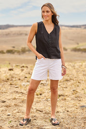 Model Tegan wearing size 10 of the Youre Always There For Me Boyfriend Shorts in colour White (White), from the front, showing the whole outfit