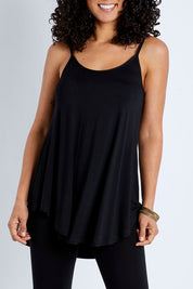 Model Pamela wearing size 10 of the Softly Swinging Bamboo Scoop Singlet in colour Black (Black), from the front, cropped image