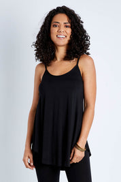 Model Pamela wearing size 10 of the Softly Swinging Bamboo Scoop Singlet in colour Black (Black), from the front, cropped image