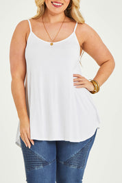 Model Katie wearing size 16 of the Softly Swinging Bamboo Scoop Singlet in colour White (White), from the front, cropped image