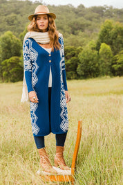 Model Ilona wearing size S of the Blue Hues Cardi in colour Bluewhite (Blue), from the front, showing the whole outfit