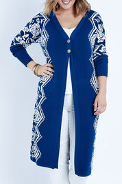 Model Jess wearing size L of the Blue Hues Cardi in colour Bluewhite (Blue), from the front, cropped image