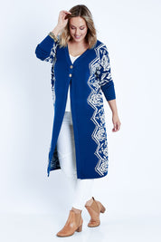 Model Jess wearing size L of the Blue Hues Cardi in colour Bluewhite (Blue), from the front, showing the whole outfit