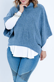 Model Jess wearing size L of the Addicted To You Sweater in colour Denim (Blue), from the front, cropped image