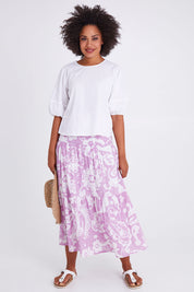 Model Olivia wearing size 10 of the Ava Top in colour White (White), from the front, showing the whole outfit