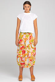 A model wearing the Leaf Cotton Top in colour White (White), from the front, showing the whole outfit