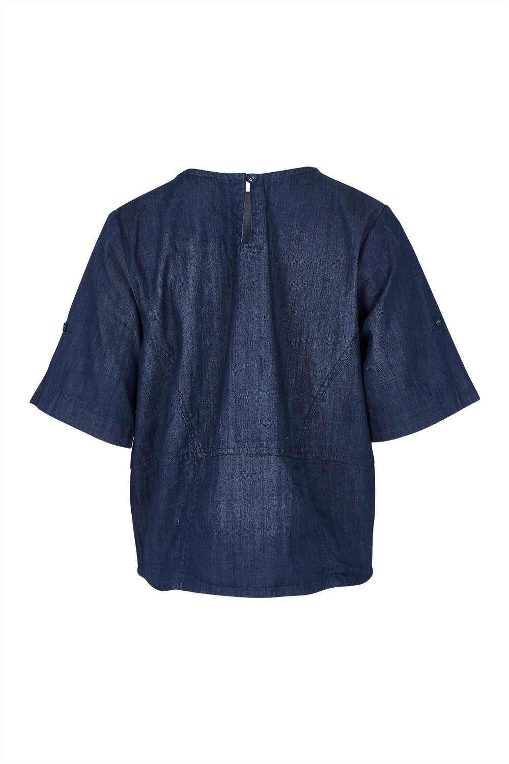 Product shot of the Guru Denim Top in colour Darkdenim (Blue), from the back