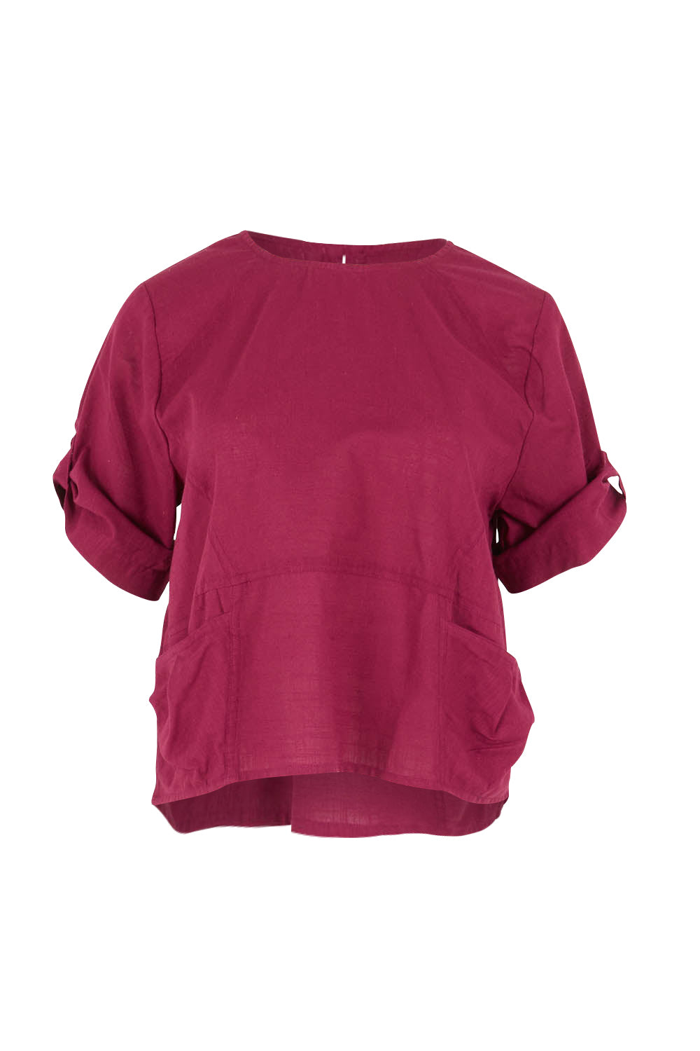 Product shot of the Guru Cotton Top in colour Magenta (Purple), detail