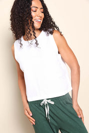 Model Pamelar wearing size 10 of the Rose Linen Top - White in colour White, from an angle