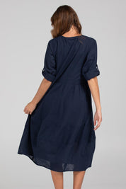 A model wearing the Guru Cotton Dress in colour Navy (Blue), from the back