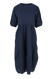 Product shot of the Guru Cotton Dress in colour Navy (Blue), detail