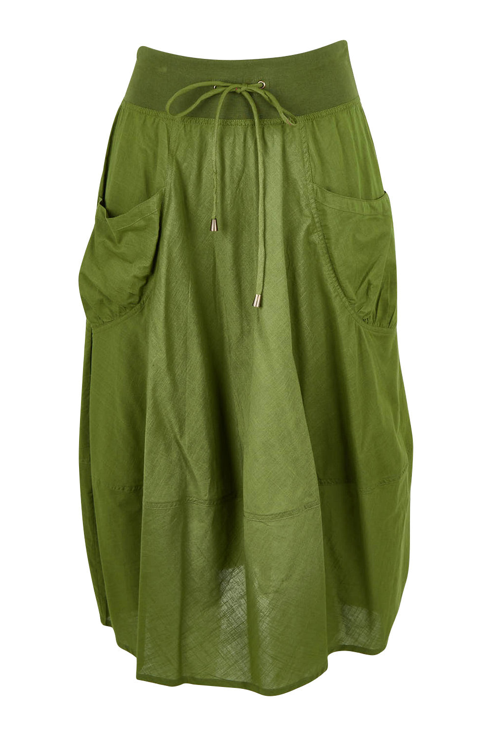 Product shot of the Guru Skirt in colour Khaki (Green), from the front