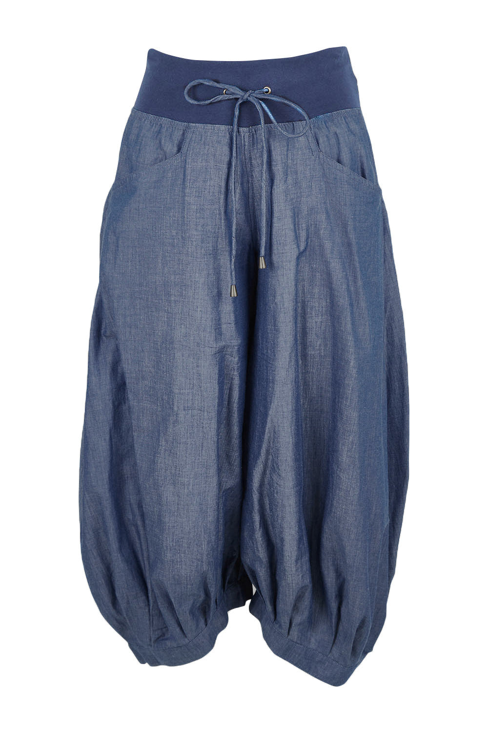 Product shot of the Guru Pant in colour Chambray (Blue), from the front