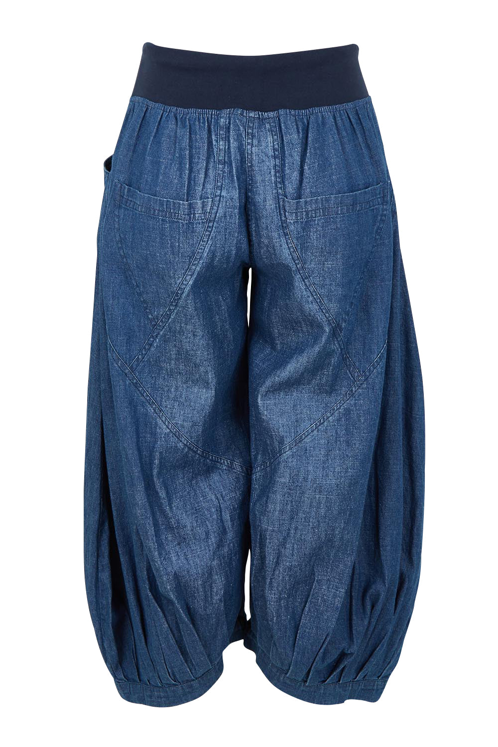Product shot of the Guru Denim Pant in colour Middenim (Blue), from the back