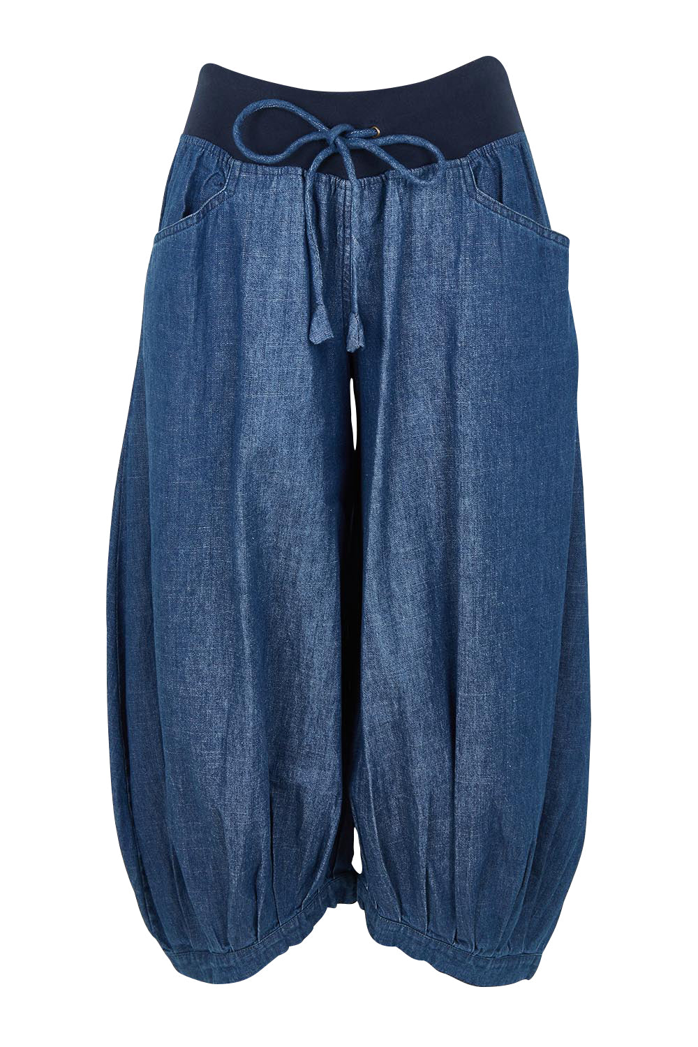 Product shot of the Guru Denim Pant in colour Middenim (Blue), from the front