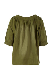 Product shot of the Bliss Top in colour Khaki (Blue), from the back