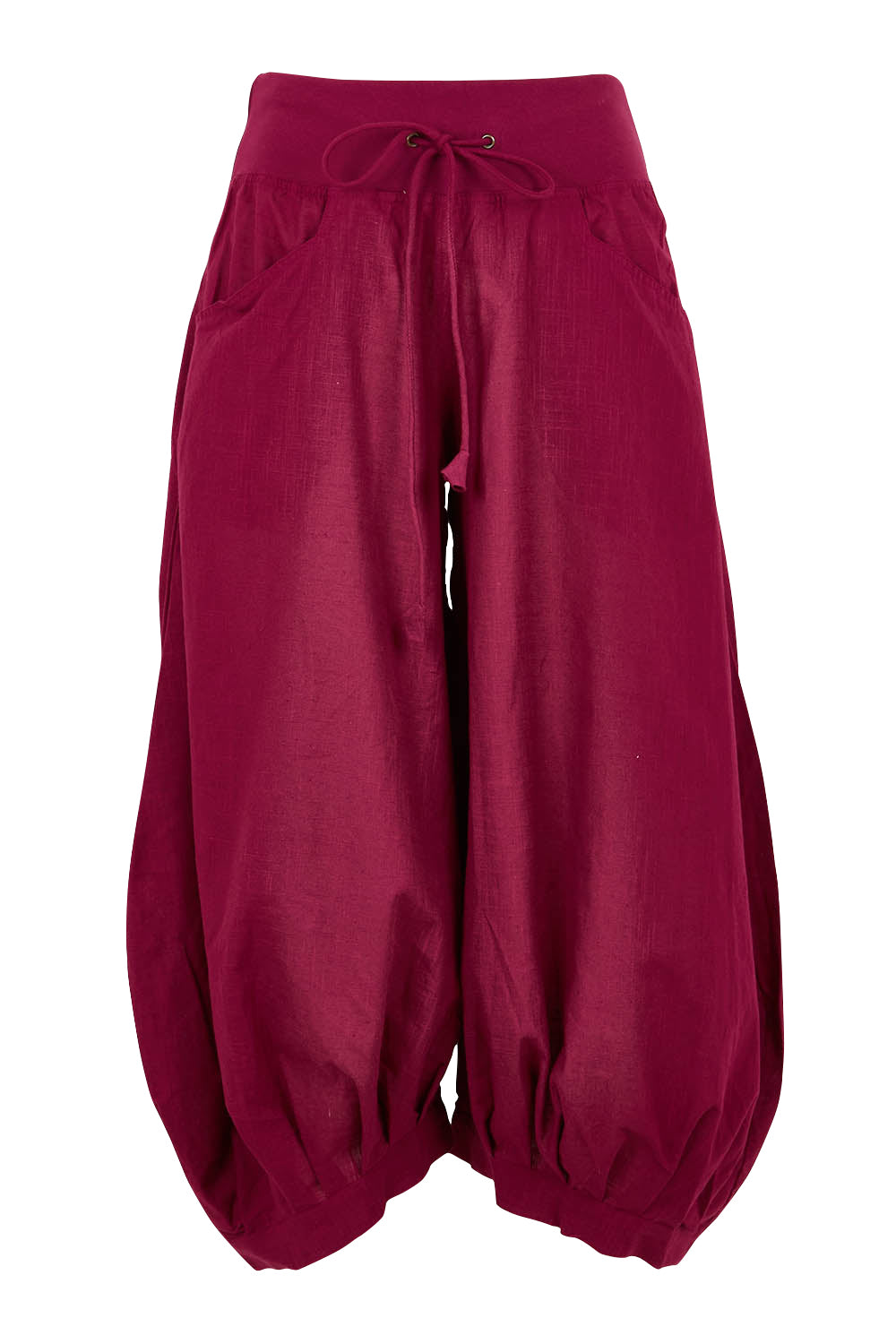 Product shot of the Guru Pant in colour Magenta (Purple), from the front