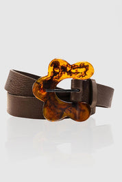 Product shot of the Flower Leather Belt in colour Chocolate, from the front