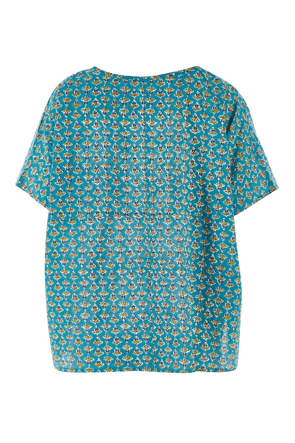 Product shot of the Alora Top in colour Bananaflow (Blue), from the back
