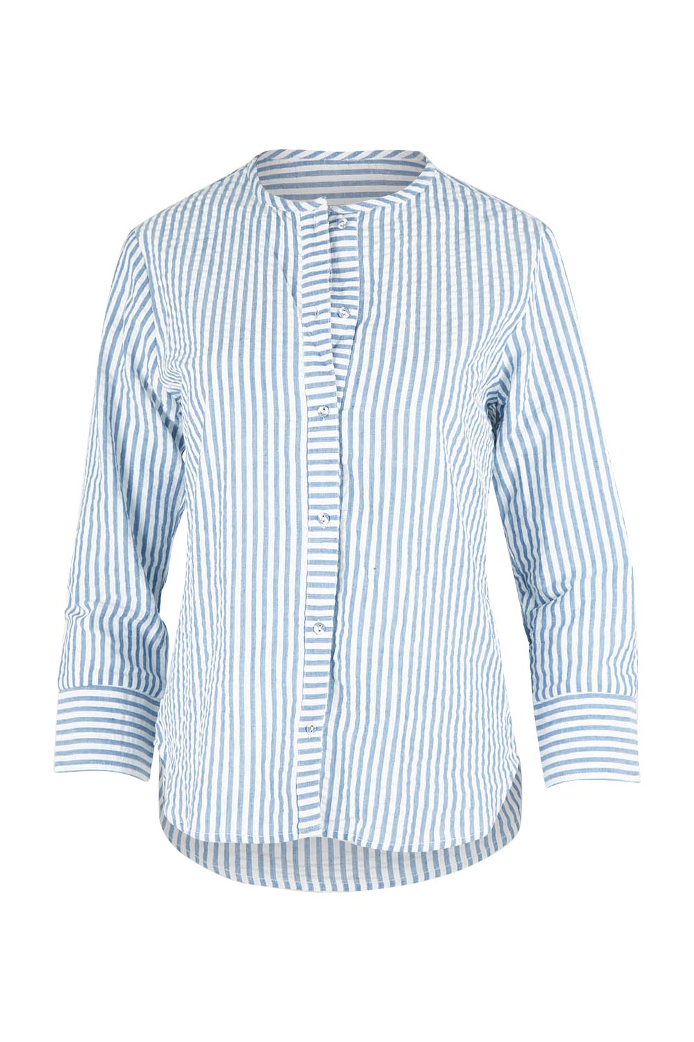 Product shot of the Hazel Shirt in colour Hazelstrip (Blue), from the front