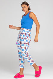 A model wearing the Lodhi Modal Pant in colour Malu (Blue), from the front, showing the whole outfit