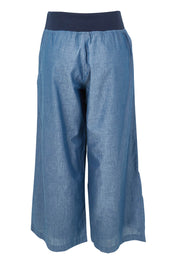 Product shot of the Ria Cotton Pant in colour Chambray (Blue), from the back