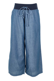 Product shot of the Ria Cotton Pant in colour Chambray (Blue), from the front