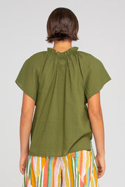A model wearing the Lilo Cotton Top in colour Khaki (Green), from the back