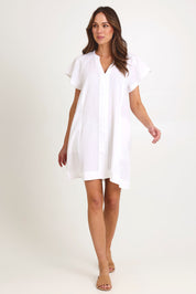 Model Madeline wearing size 10 of the Livy Cotton Dress in colour White (White), from the front, showing the whole outfit