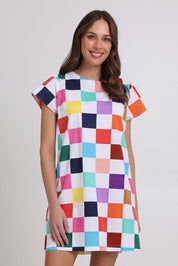 Model Madeline wearing size 10 of the Harper Cotton Dress in colour Gea, from the front, cropped image