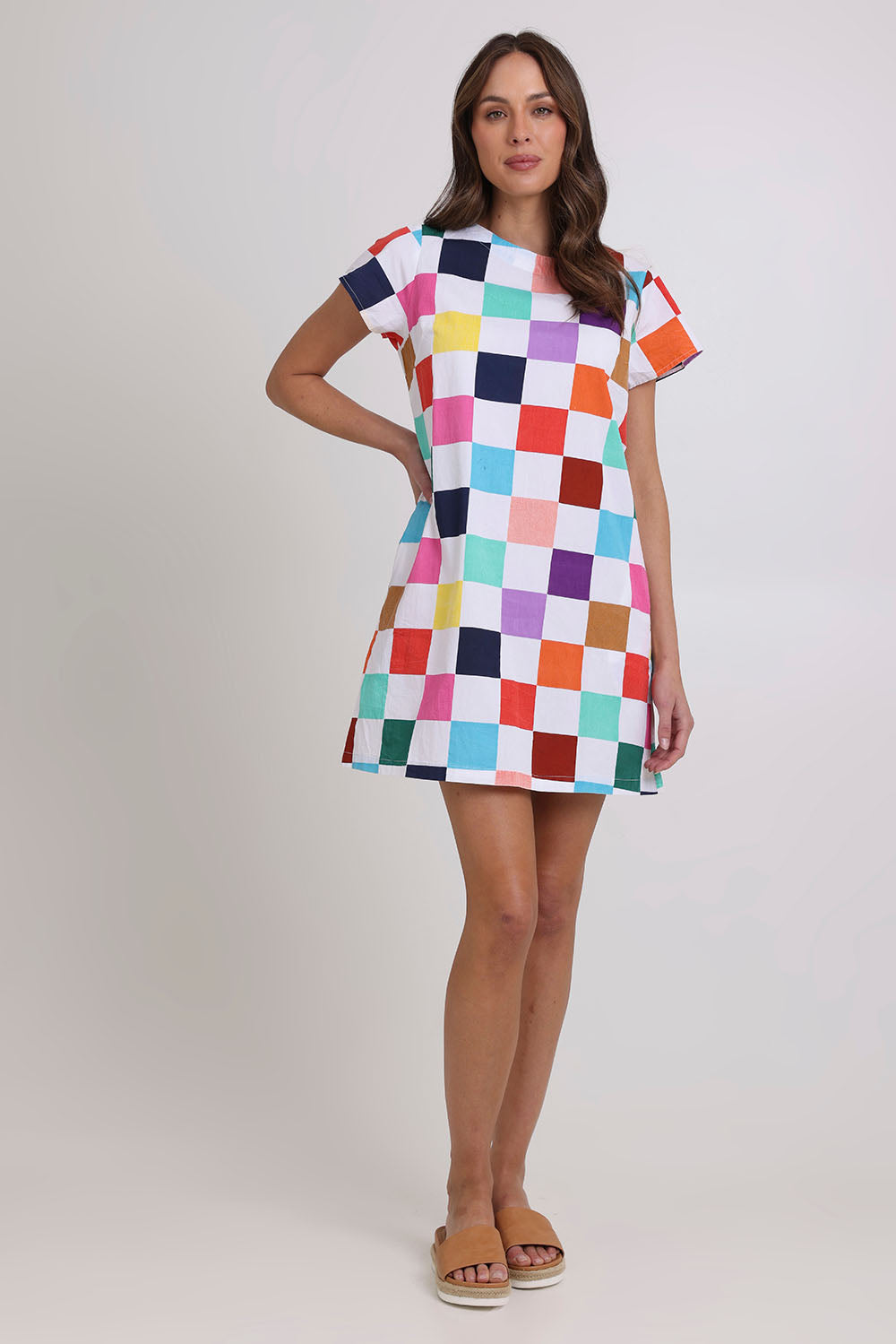 Model Madeline wearing size 10 of the Harper Cotton Dress in colour Gea, from the front, showing the whole outfit