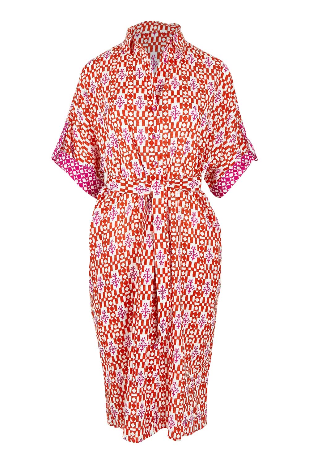 Product shot of the Maui Cotton Shirt Dress in colour Naples (Pink), from the front