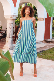 A model wearing the Sami Cotton Dress in colour Capriblue (Blue), from the front, showing the whole outfit
