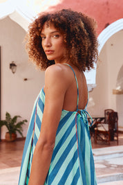 Model Madeline wearing size 10 of the Sami Cotton Dress in colour Capriblue (Blue), from the front, showing the whole outfit