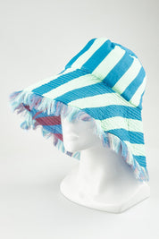 A model wearing the Fray Cotton Bucket Hat in colour Capriblue, from the front, showing the whole outfit