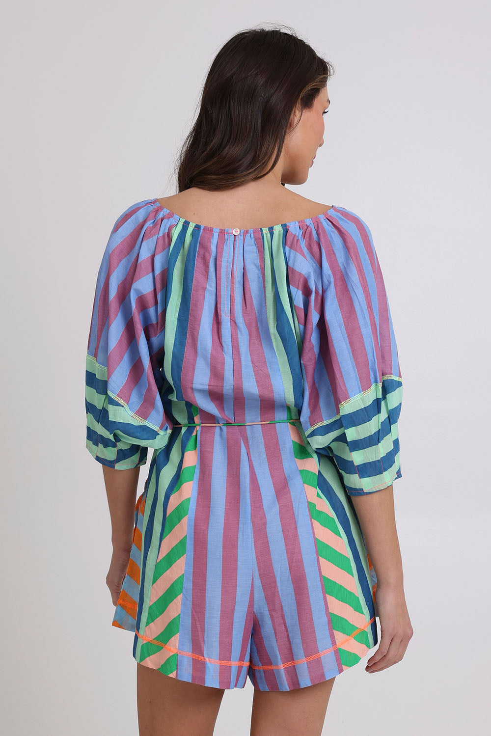 Model Madeline wearing size 10 of the Lucia Cotton Playsuit in colour Capris, from the back