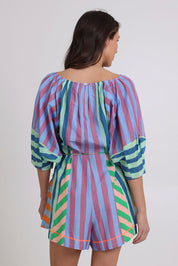Model Madeline wearing size 10 of the Lucia Cotton Playsuit in colour Capris, from the back