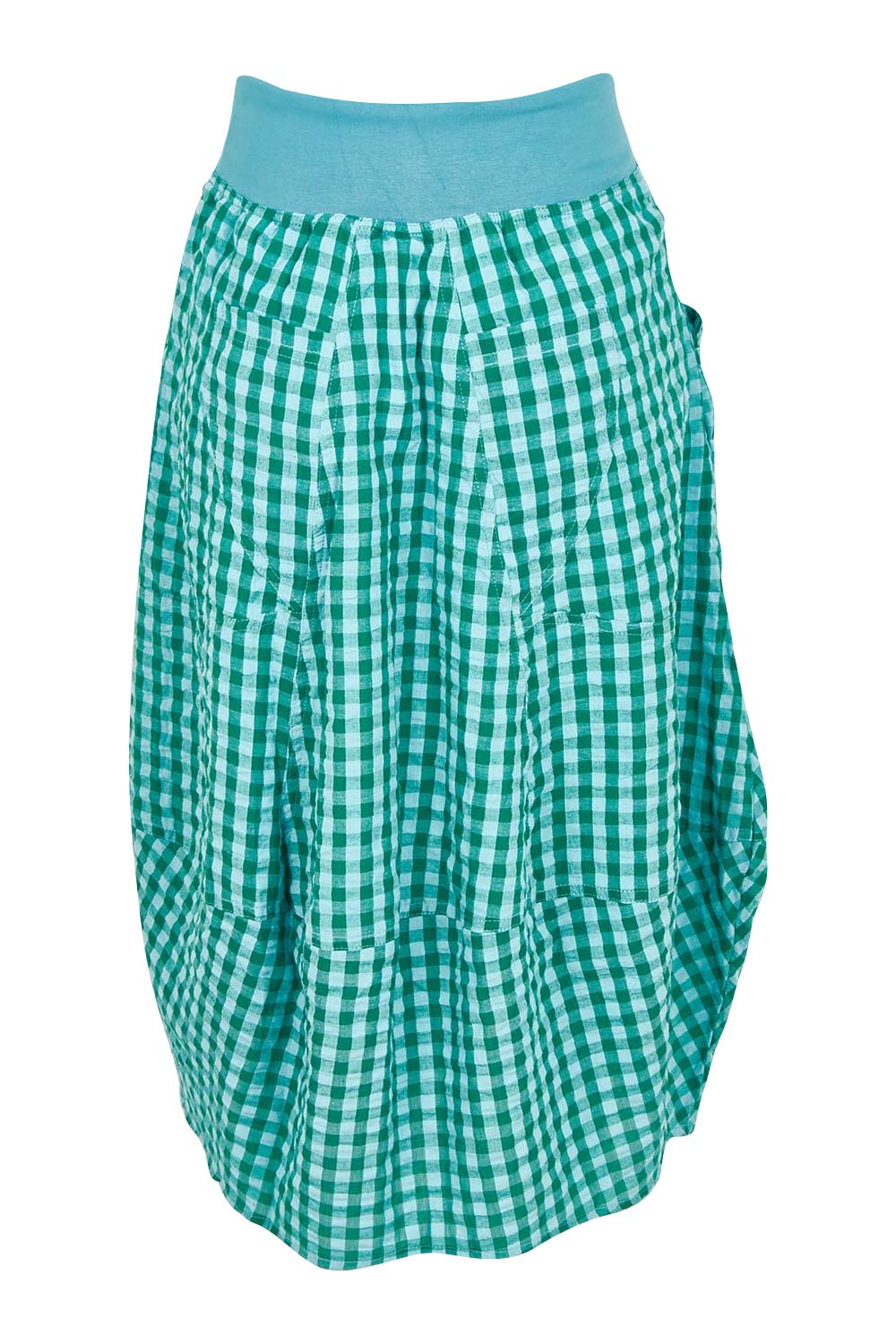 Product shot of the Guru Cotton Skirt in colour Green (Green), from the back