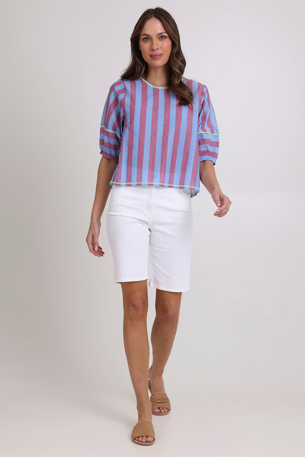 Model Madeline wearing size 10 of the Ava Cotton Top in colour Capriblue (Blue), from the front, showing the whole outfit