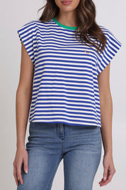 Model Madeline wearing size S of the Bellissimo Cotton Tee in colour Bluestripe (Blue), from the front, cropped image