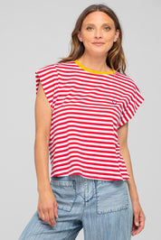 A model wearing the Bellissimo Cotton Tee in colour Redstripe (Red), from the front, cropped image