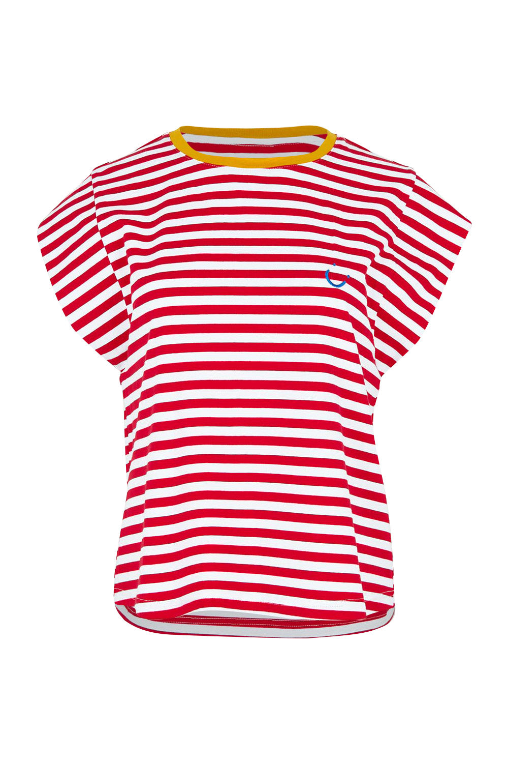 Product shot of the Bellissimo Cotton Tee in colour Redstripe (Red), from the front