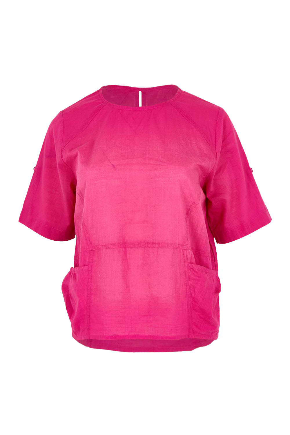 Product shot of the Guru Cotton Top in colour Fiore (Pink), from the front