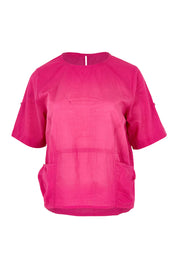 Product shot of the Guru Cotton Top in colour Fiore (Pink), from the front